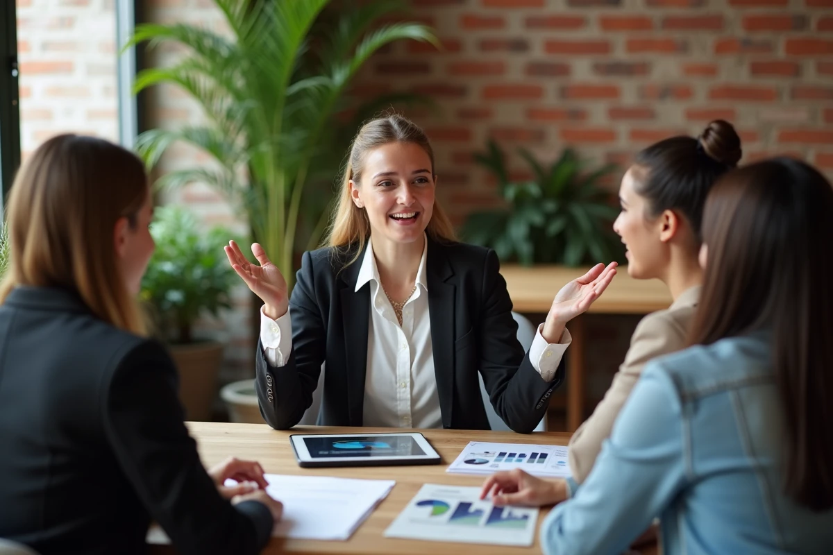 Jeune entrepreneure animant une réunion dans un espace coworking