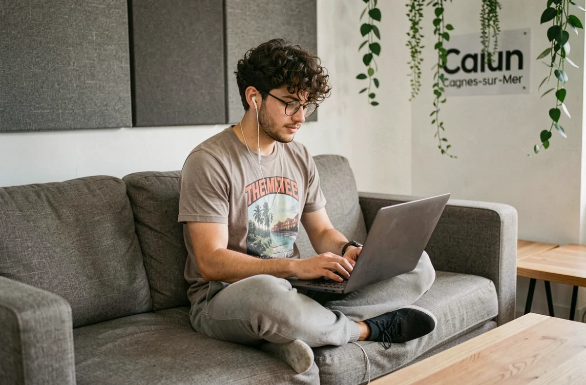 Jeune freelance travaillant sur son ordinateur dans un espace de détente d'un coworking à Cagnes-sur-Mer