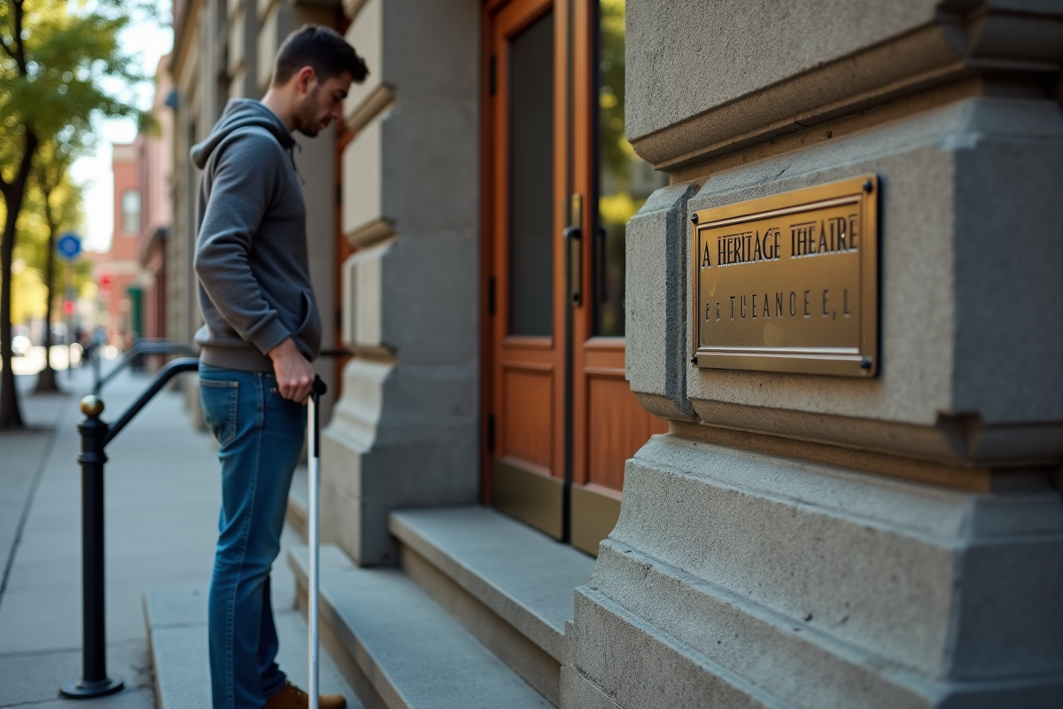 Jeune homme avec canne blanche près d’un théâtre historique
