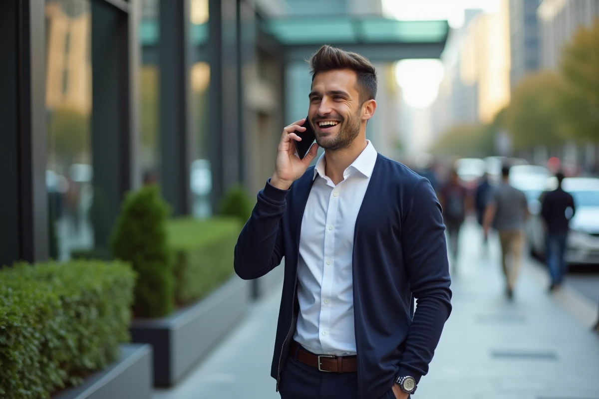 Jeune homme en ville parlant au téléphone