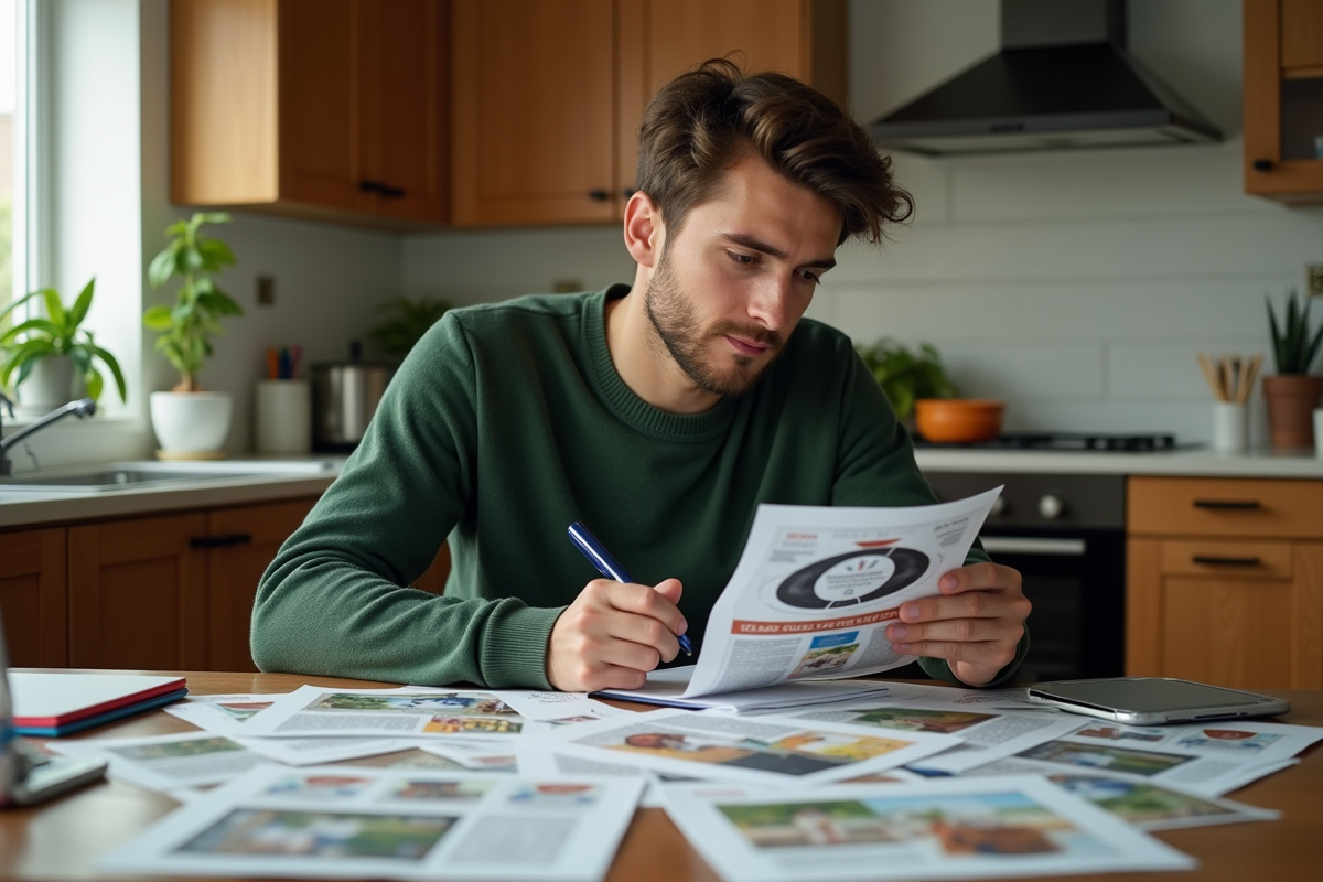 Jeune homme examine flyers dans une cuisine chaleureuse