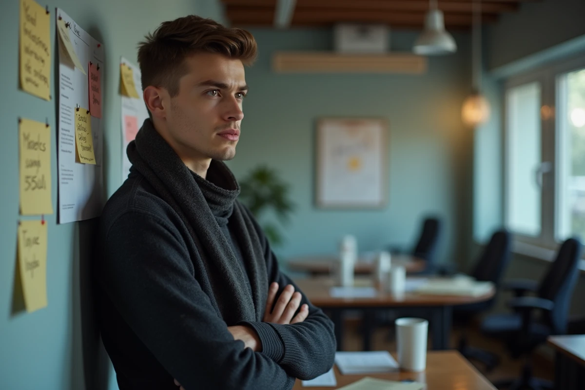 Jeune homme pensif près de notes au bureau