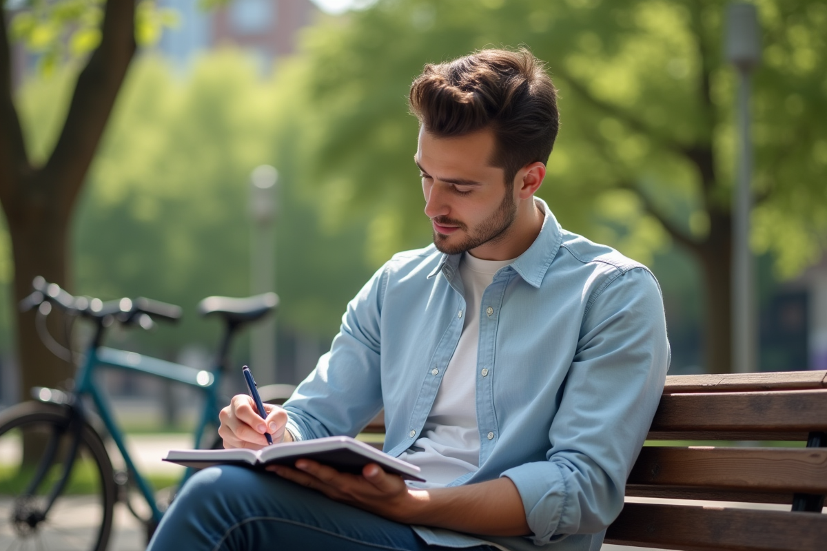 Jeune homme dans un parc urbain écrit dans un carnet