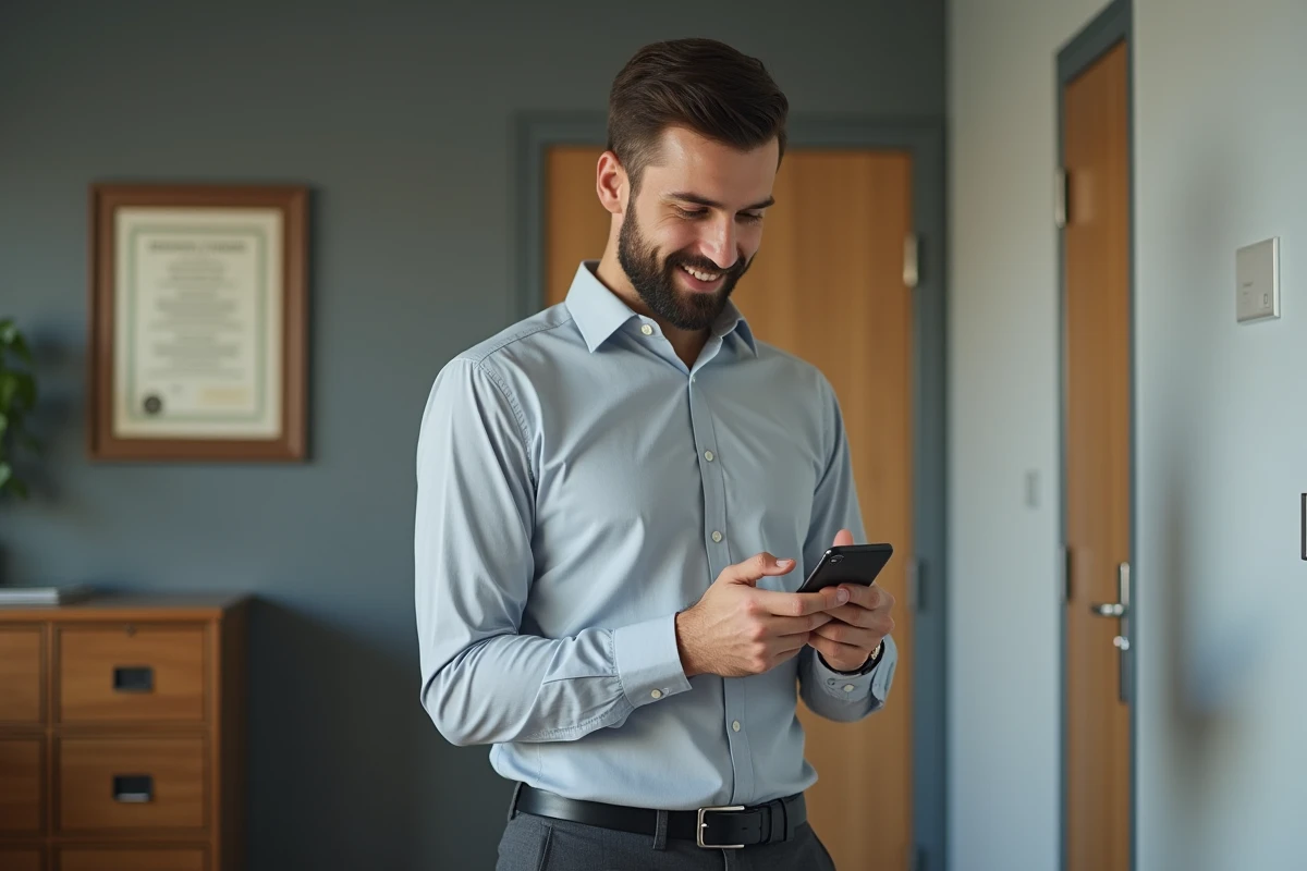 Jeune homme vérifiant un QR code sur son smartphone dans un bureau professionnel