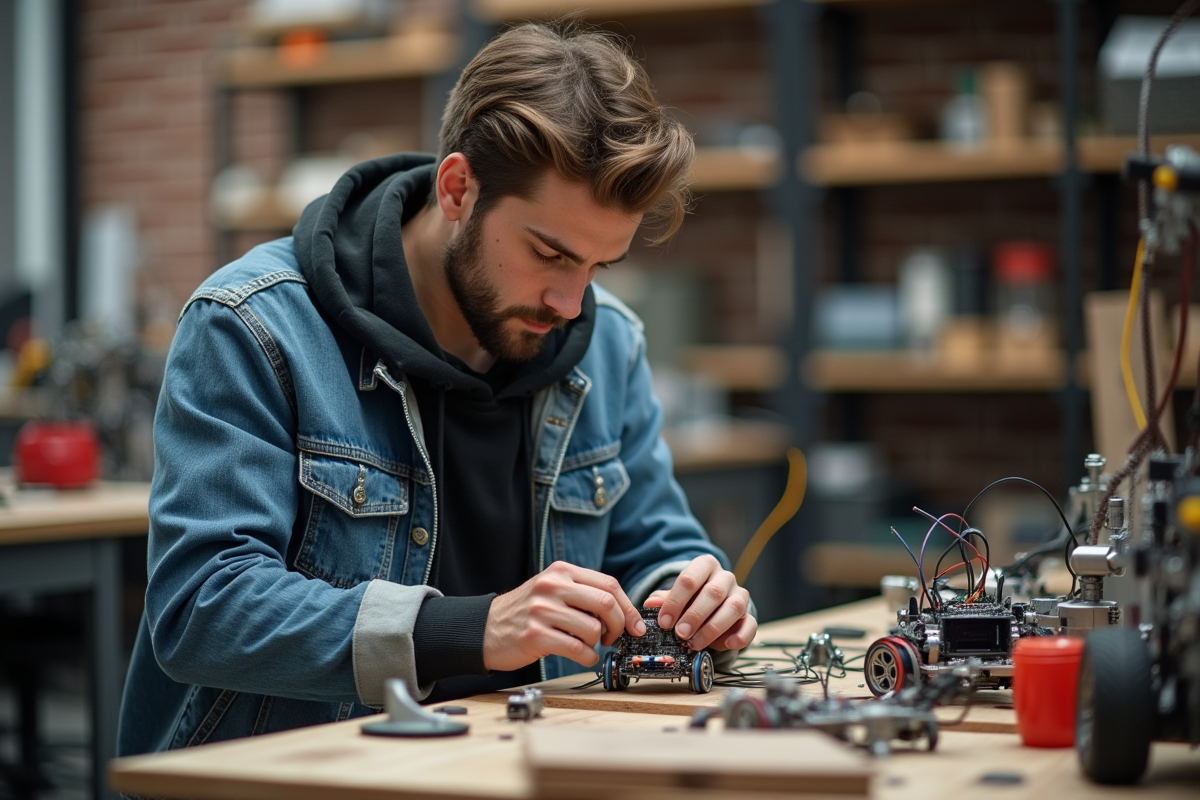 Jeune homme assemblant des composants dans un atelier de robotique