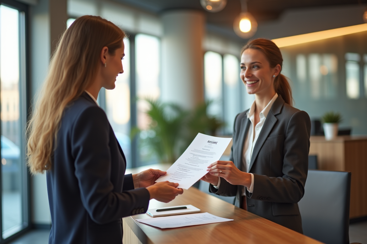 Jeune professionnel confiant remettant un CV à une réceptionniste dans un bureau moderne