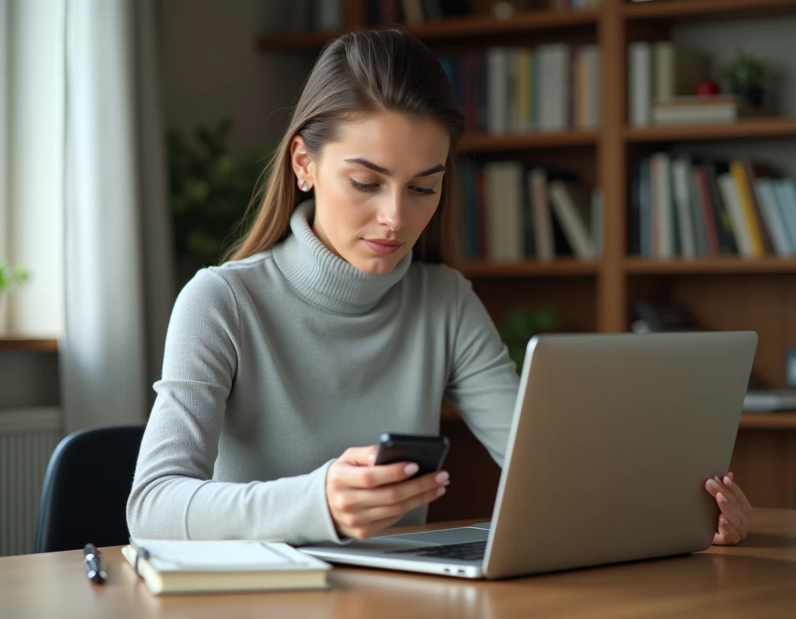 Jeune professionnelle vérifiant l'adresse correcte de GTm Extranet La Poste depuis son bureau à domicile