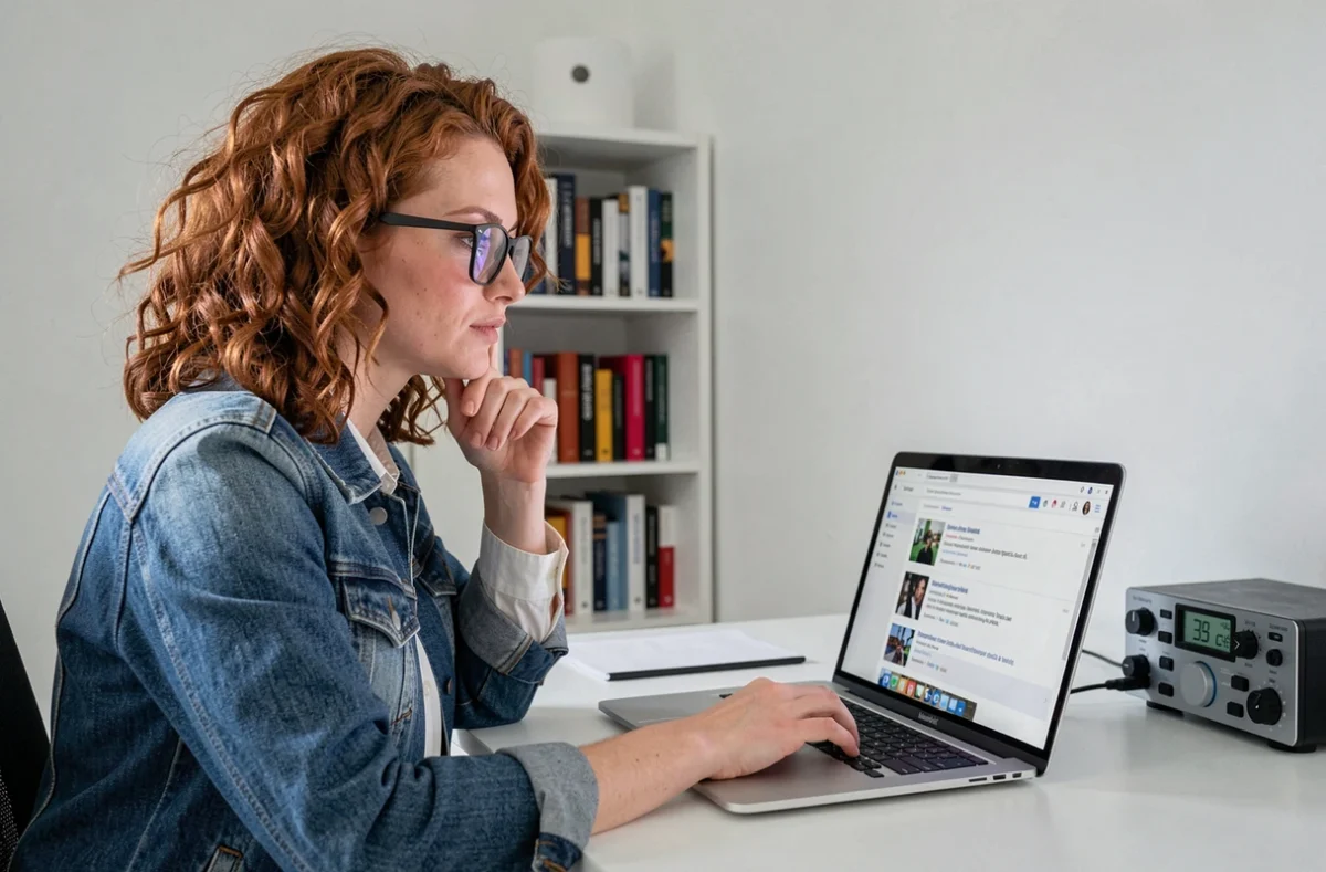 Femme lisant des avis clients sur Thomann depuis son bureau à domicile, analyse critique en ligne