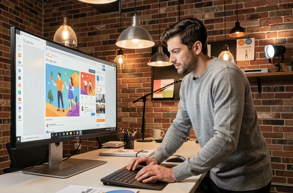Spécialiste publicité digitale de Lestudioflash révisant des créatifs Google Ads dans un studio moderne