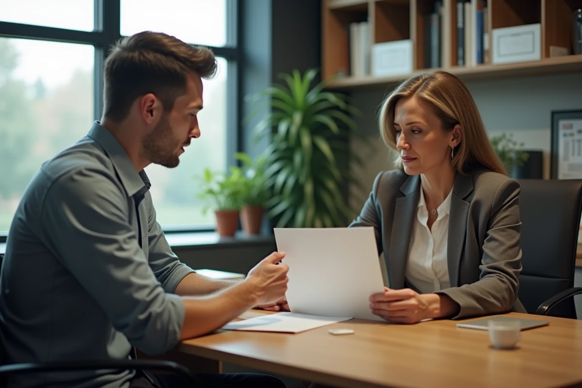 Jeune apprenti remettant sa lettre de démission à son maître d'apprentissage lors d'un entretien respectueux en entreprise