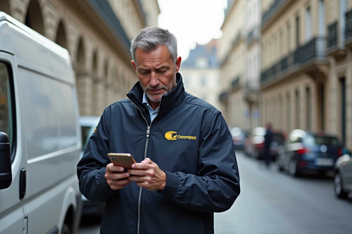 Livreur Chronopost consultant l'accès à son espace employé sur smartphone devant un véhicule de livraison