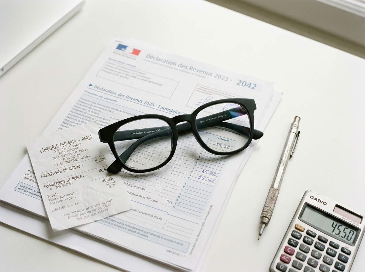 Lunettes de travail posées sur une déclaration fiscale française et des reçus, symbolisant la déduction des frais professionnels pour indépendants