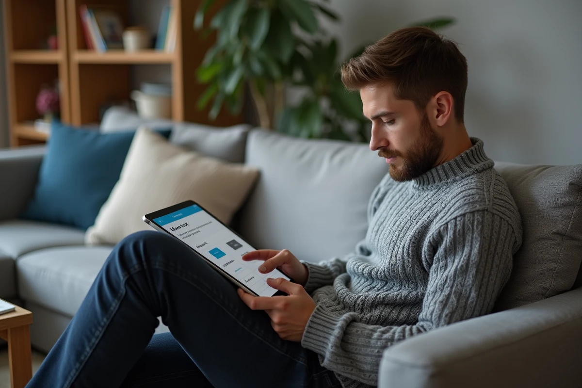 Homme consultant Ma Box RH La Poste sur une tablette depuis son salon en télétravail