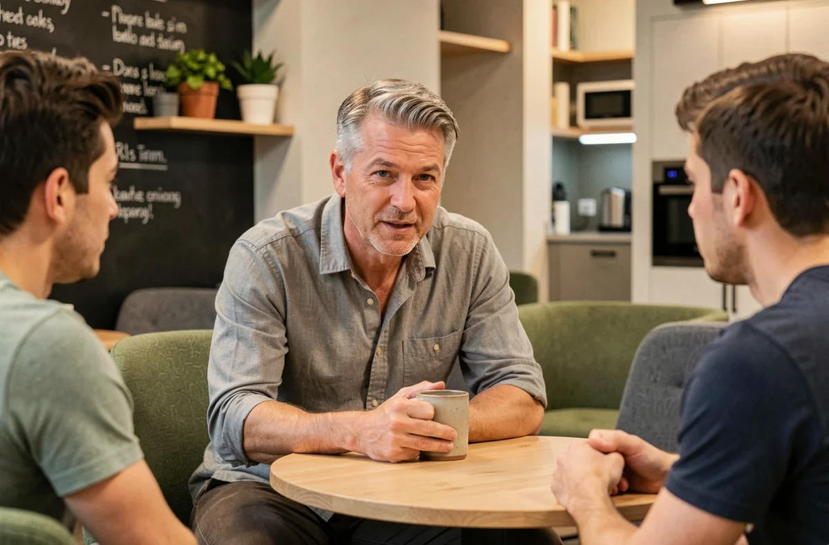 Manager homme en discussion informelle avec son équipe dans une salle de pause d'entreprise, incarnant un management bienveillant et un esprit d'équipe authentique