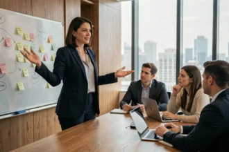 Manager femme animant une réunion d'équipe autour d'un tableau collaboratif dans un bureau moderne, illustrant l'esprit d'équipe en entreprise