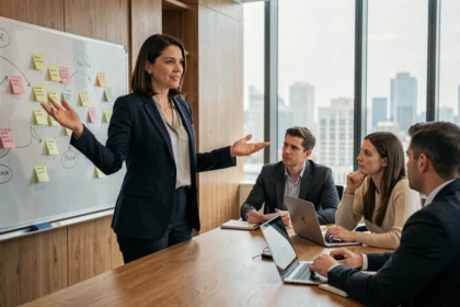 Manager femme animant une réunion d'équipe autour d'un tableau collaboratif dans un bureau moderne, illustrant l'esprit d'équipe en entreprise