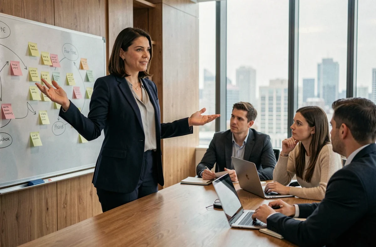Manager femme animant une réunion d'équipe autour d'un tableau collaboratif dans un bureau moderne, illustrant l'esprit d'équipe en entreprise