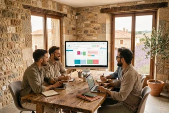 Équipe d'une agence web en Provence-Alpes-Côte d'Azur travaillant ensemble sur des projets digitaux dans un espace moderne aux murs en pierre