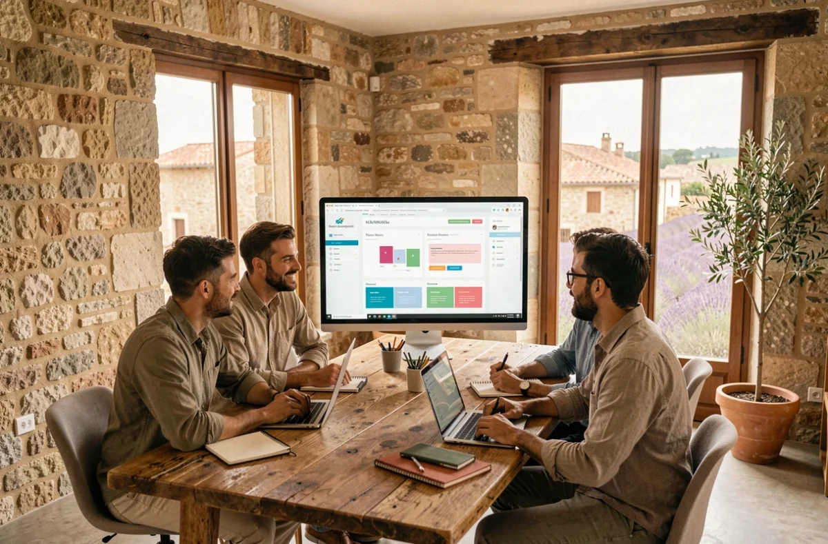 Équipe d'une agence web en Provence-Alpes-Côte d'Azur travaillant ensemble sur des projets digitaux dans un espace moderne aux murs en pierre