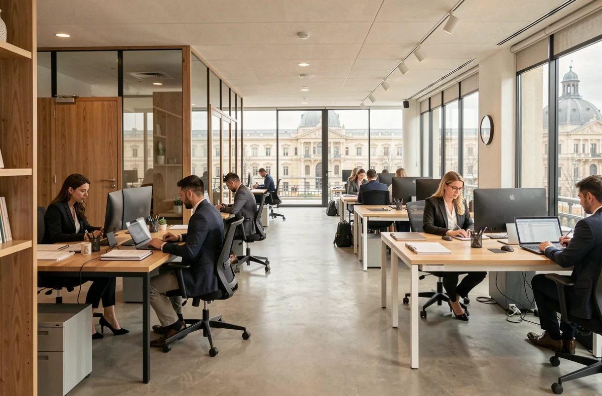 Vue d'ensemble d'un cabinet d'expertise comptable moderne à Toulouse avec des professionnels au travail