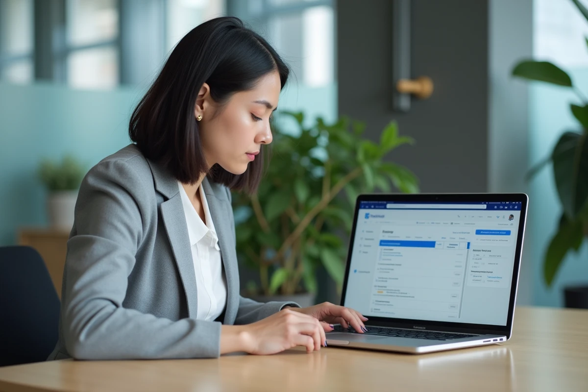 Femme professionnelle analysant une interface de migration d'adresse web sur un ordinateur portable dans un bureau moderne