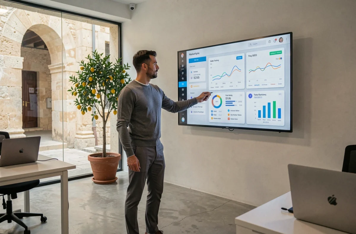 Stratège marketing de l'agence NEWP à Aix-en-Provence analysant des données de campagne digitale sur un grand écran de tableau de bord