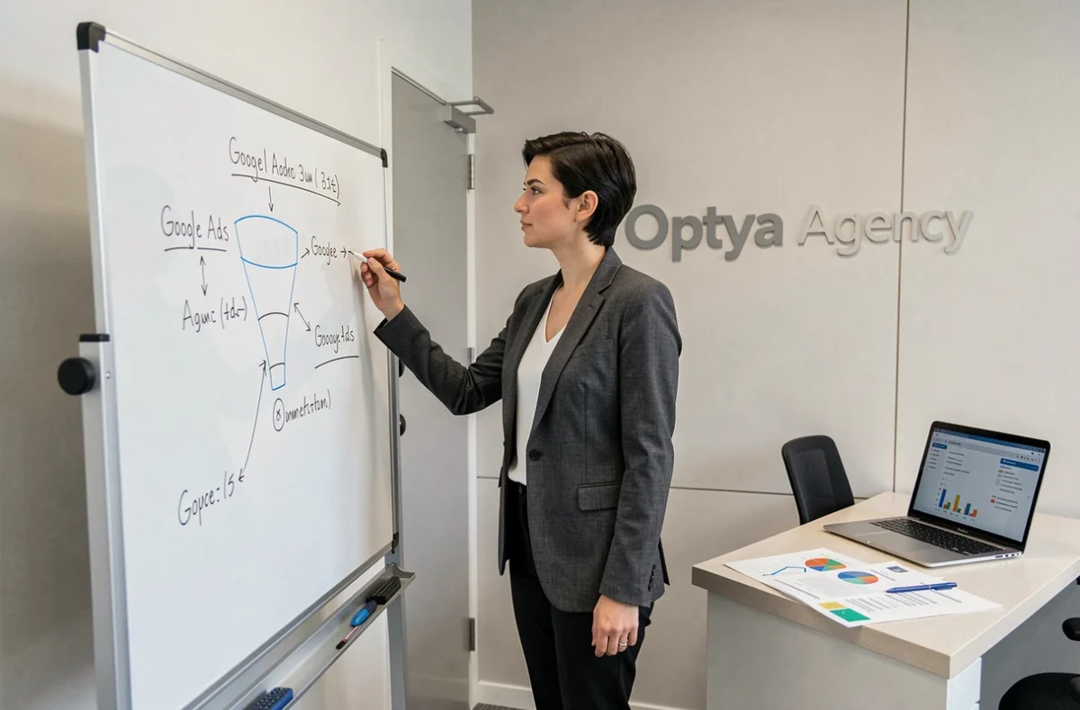 Consultante de l'Optya Agency esquissant une stratégie Google Ads sur un tableau de verre dans un bureau minimaliste