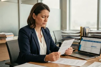 Organisatrice d'événement frustrée tenant une invitation mal rédigée au bureau, illustrant les erreurs de formulation dans les invitations professionnelles