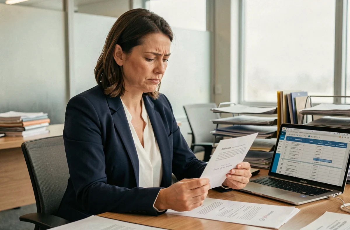 Organisatrice d'événement frustrée tenant une invitation mal rédigée au bureau, illustrant les erreurs de formulation dans les invitations professionnelles