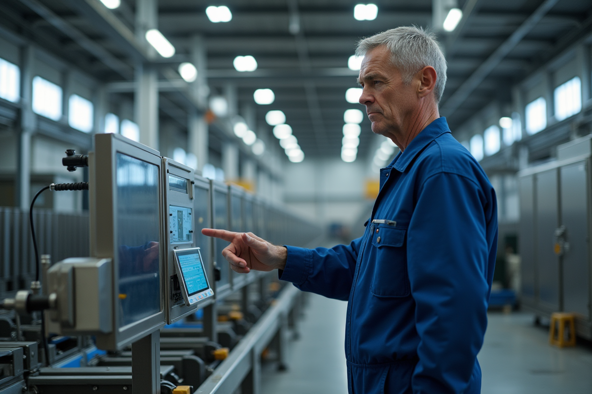 Ouvrier en combinaison contrôlant une machine industrielle