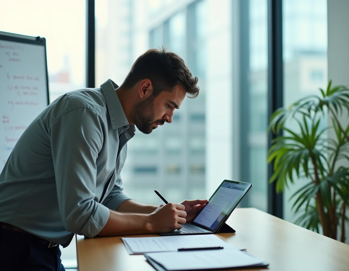 Responsable RH configurant l'interface Silae sur une tablette dans une salle de réunion avec checklist imprimée