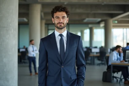 PDG d'une start-up tech de grande taille en costume marine dans un bureau moderne, symbolisant la stature et le leadership dans l'intelligence artificielle