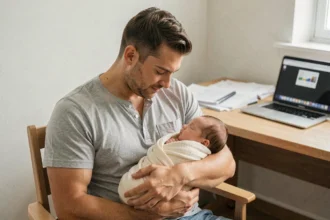 Père en portage salarial tenant son nouveau-né dans les bras à la maison, entre vie professionnelle et congé paternité