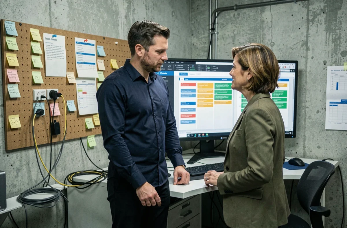Deux professionnels d'une petite agence collaborant sur un logiciel de gestion de flux de travail