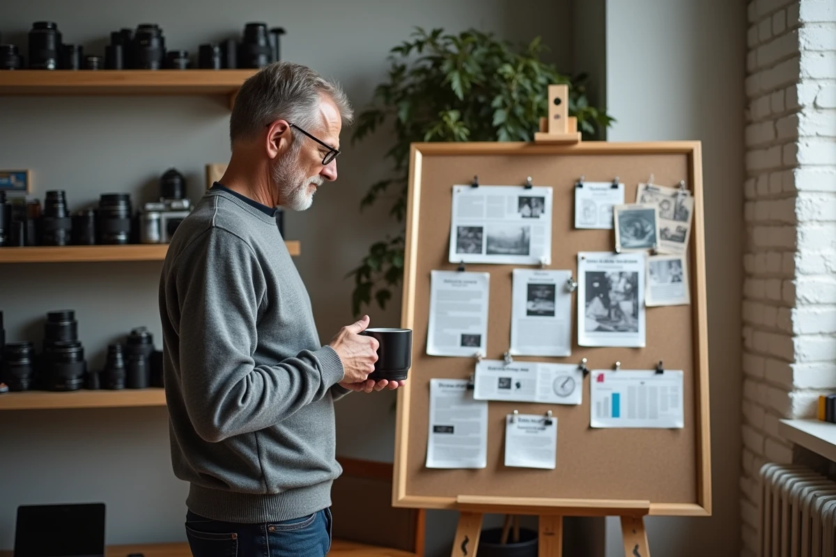 Photographe masculin étudiant les stratégies de croissance 2026 présentées sur le magazine SLR.fr dans un studio créatif