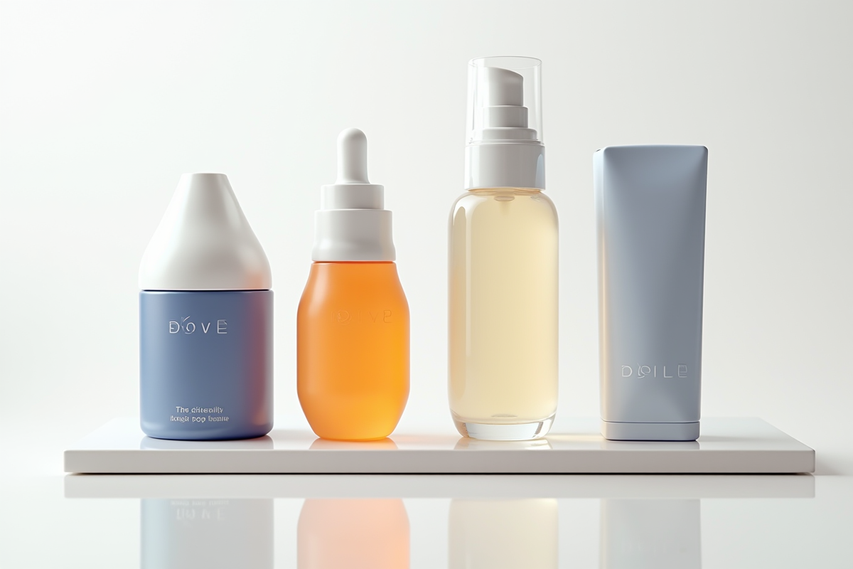 Quatre produits avec différentes identités visuelles sur une surface blanche