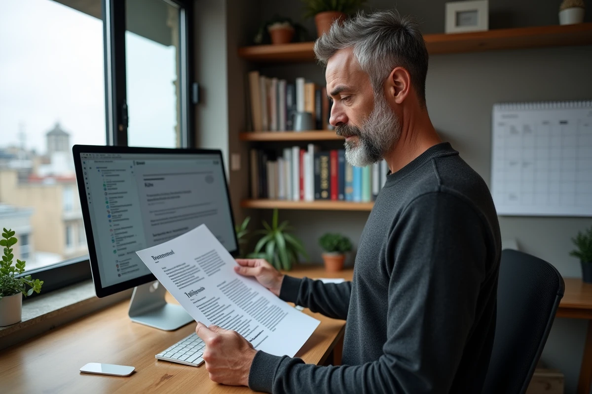 Professionnel du marketing analysant un email généré par intelligence artificielle sur un double écran dans un bureau à domicile