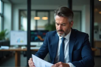 Homme d'affaires consultant un document de scoring financier avec code DUNS dans un bureau moderne