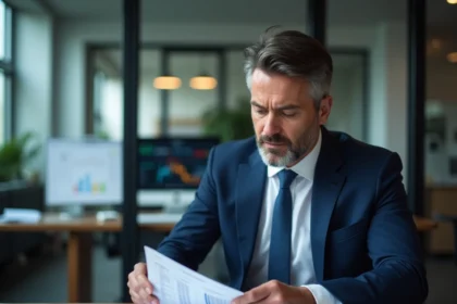 Homme d'affaires consultant un document de scoring financier avec code DUNS dans un bureau moderne