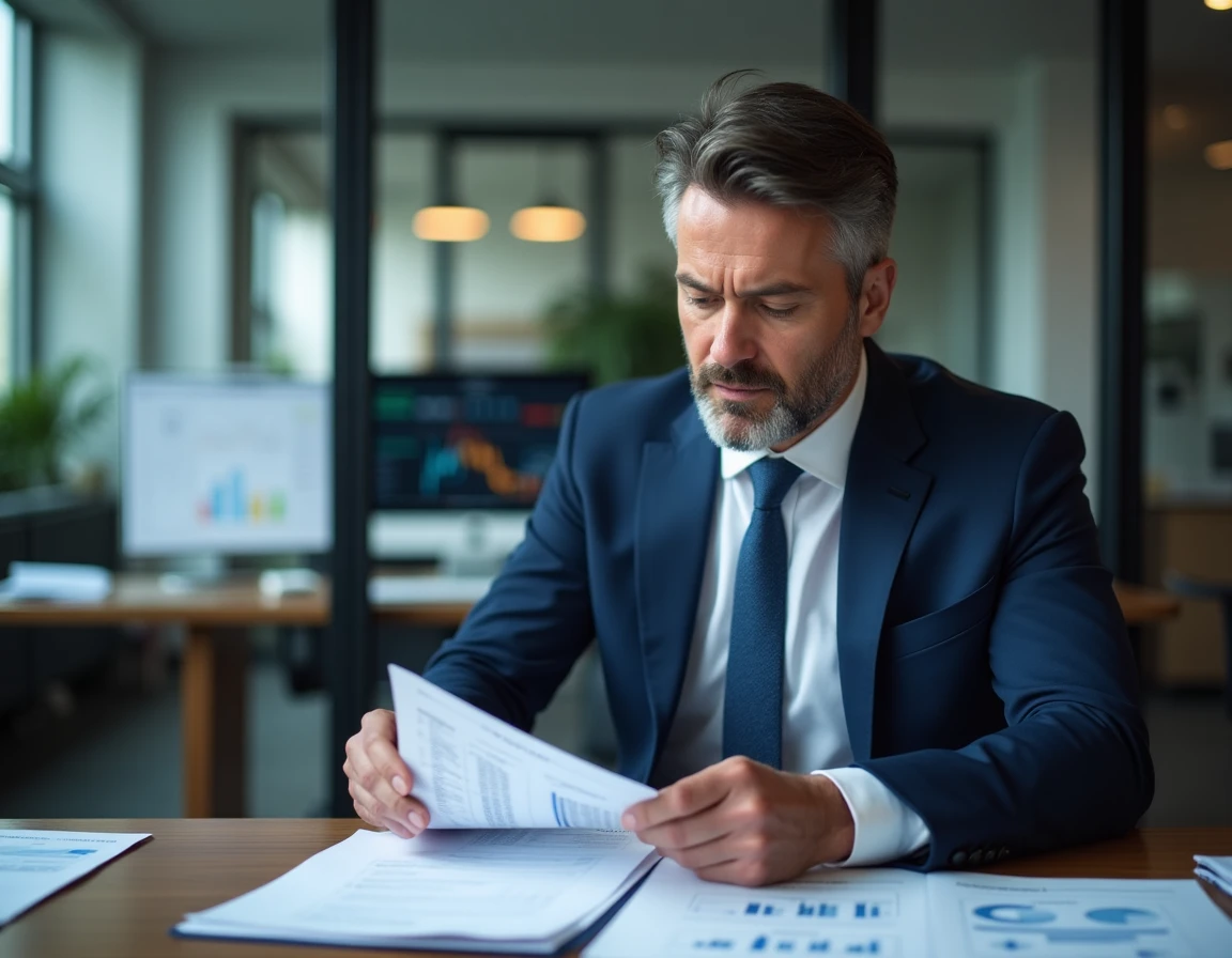 Homme d'affaires consultant un document de scoring financier avec code DUNS dans un bureau moderne