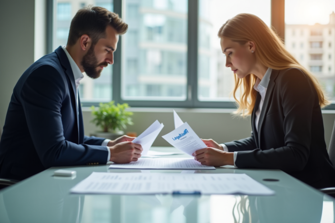 Deux professionnels examinant des documents avec logos Legalstart et INPI