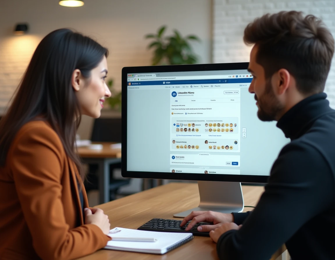 Deux professionnels comparant les emoticons LinkedIn et les emojis classiques sur un écran d'ordinateur dans un espace de coworking