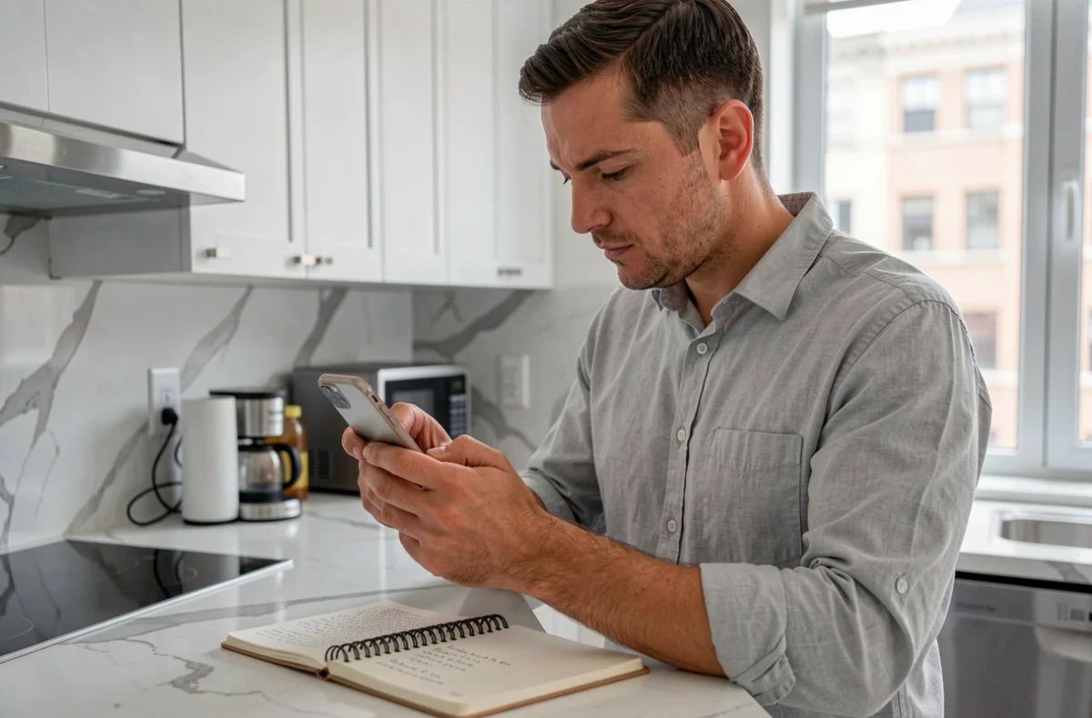 Homme consultant un registre d'entreprise sur smartphone pour vérifier un numéro SIRET