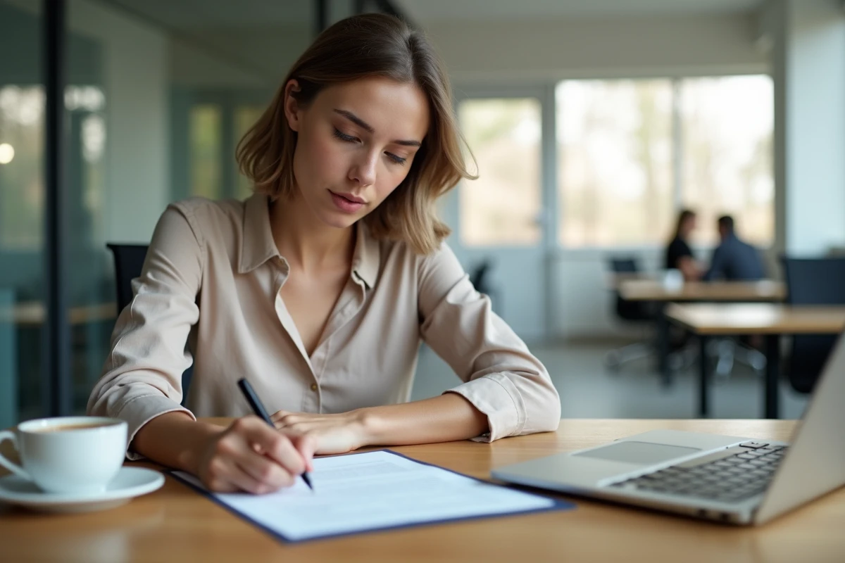 Jeune apprentie rédigeant sa lettre de démission manuscrite à son bureau dans un environnement de bureau professionnel calme