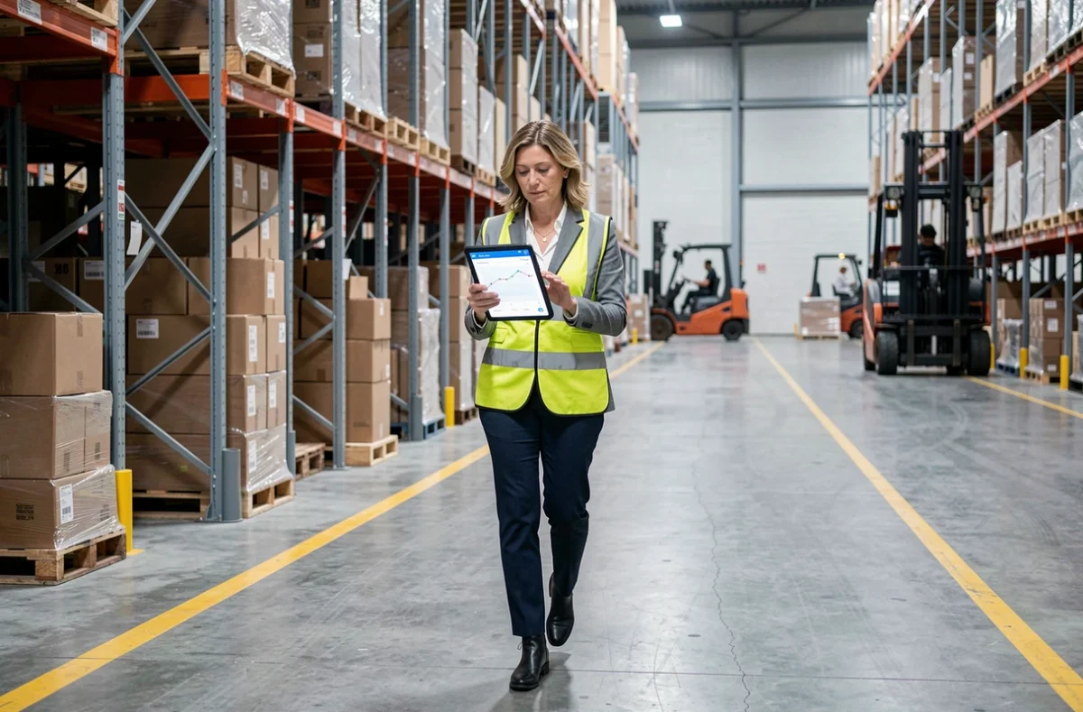 Responsable logistique féminine parcourant un entrepôt de distribution avec une tablette de suivi des livraisons