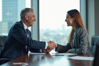 Deux professionnels se serrent la main dans une salle de réunion moderne
