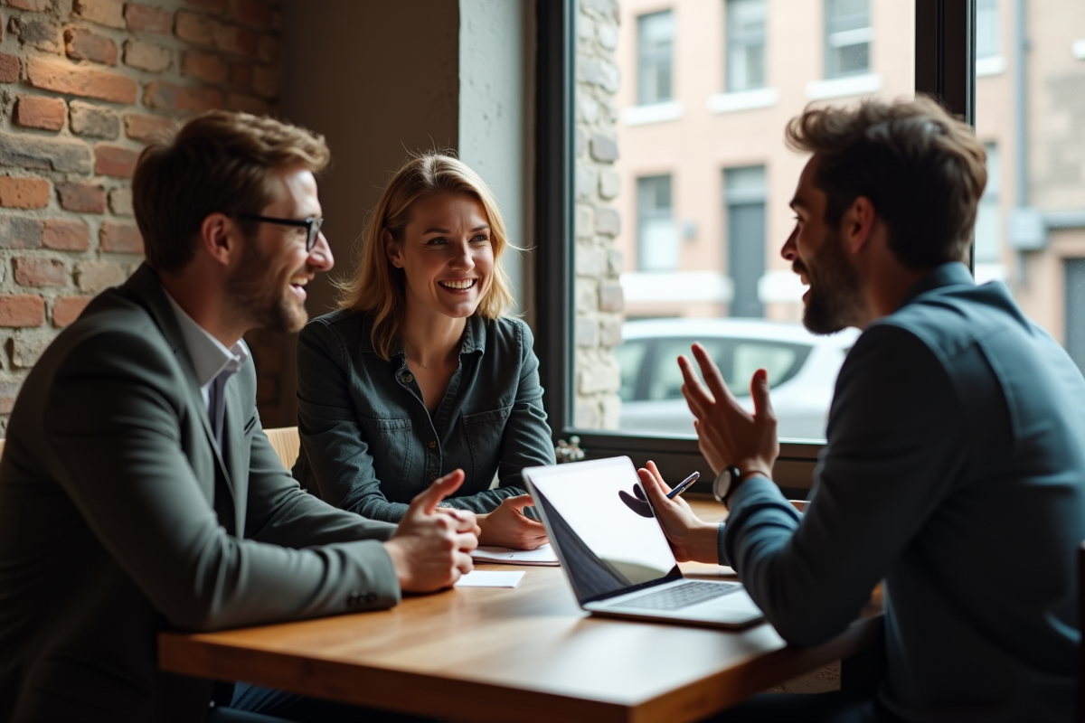Groupe de clients discutant dans un café lumineux