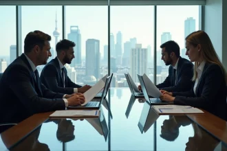 Groupe de professionnels en réunion dans une salle moderne