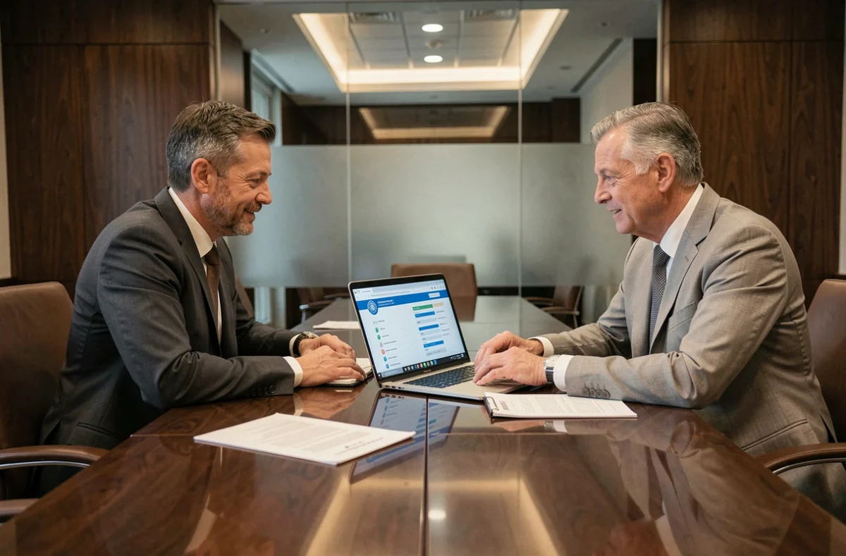 Deux dirigeants d'entreprise consultant le portail B2B DGFiP lors d'une réunion en salle de conférence