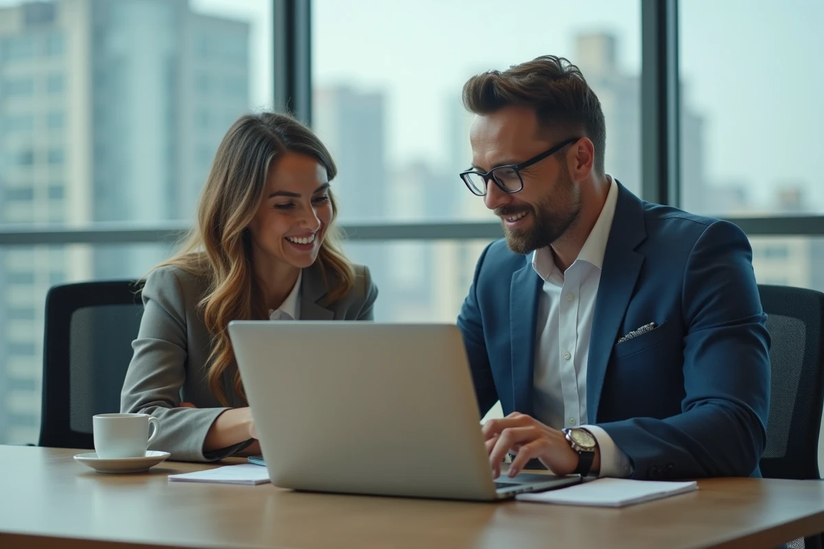 Deux entrepreneurs en réunion professionnelle consultant les dispositifs d'aides pour startups et créateurs d'entreprise en 2026